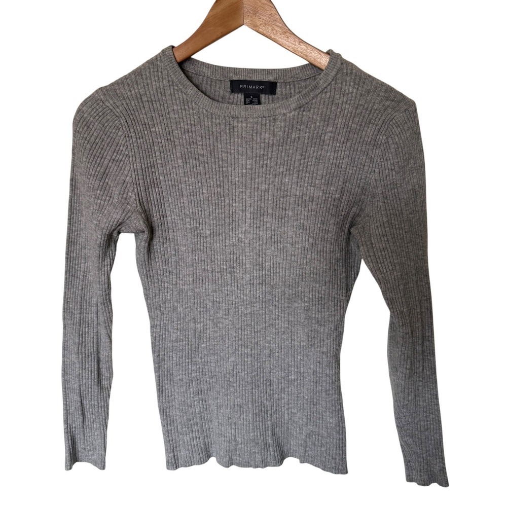 Primark Ribbed Knit Sweater Women Small Grey Excellent Crew Neck Long Sleeve